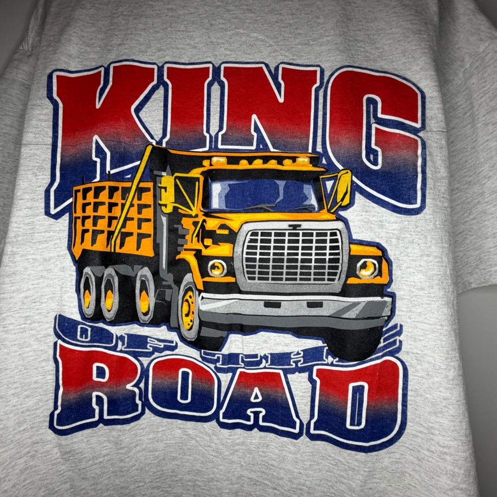 Vintage Y2K King of the Road Dump Truck Graphic T-Shirt Mens Gray Short Sleeve